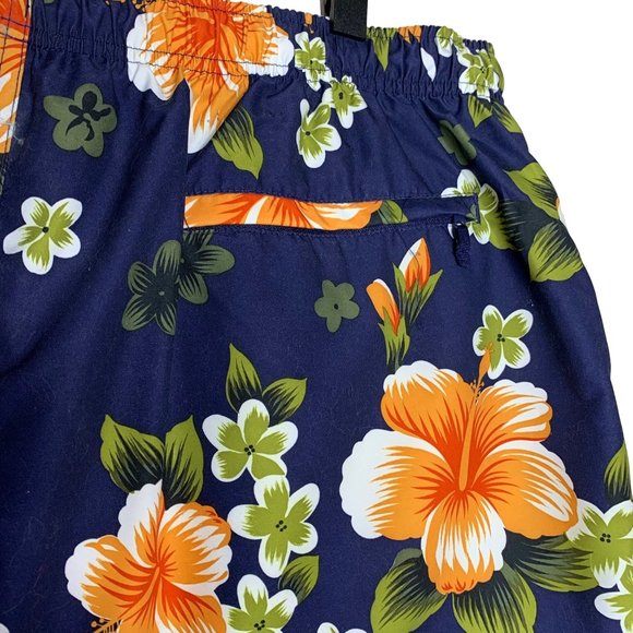 Sand N Sun Swim Trunks Hawaiian Floral Print Navy Blue Orange Lined Pockets 2XL - Picture 5 of 9